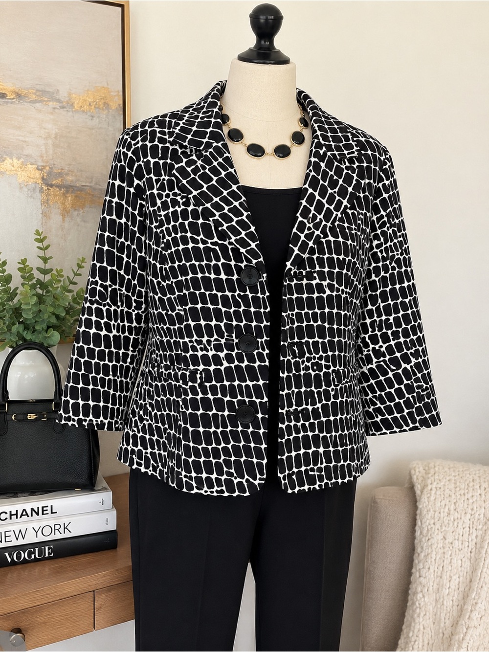 Studio Works Petite Black White Animal Print Lined Blazer Jacket Career PL